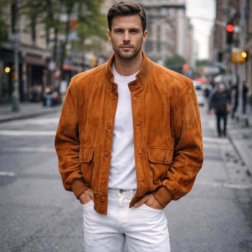 Vintage Cognac Suede Leather Bomber Jacket SZ 52 EU/L US Retro 90’s Streetwear